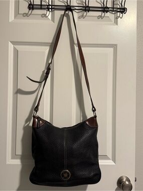 Dooney and Bourke Vintage Black Pebble Leather Rustic Brown Trim Shoulder Bag